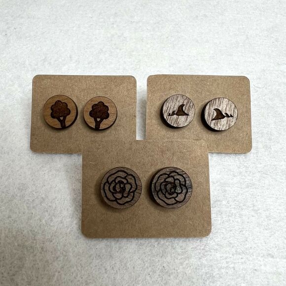 3 Pack Wooden Engraved Stud Earrings - Picture 1 of 4